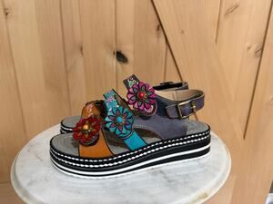New L'Artiste by Spring Step Laga Rebecka Leather Flower Sandals | Size EU 38